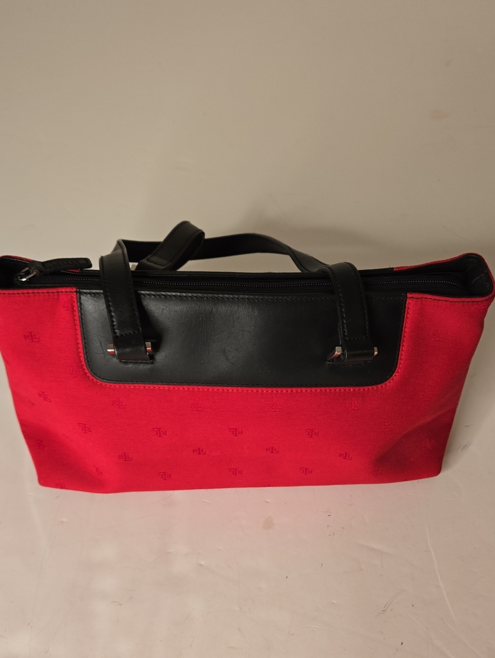 Lauren Ralph Lauren Red Canvas Handbag with Black Leather Trim